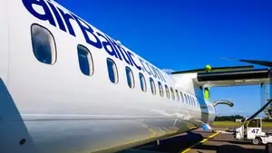 Close-up of plane of discount airline airBaltic