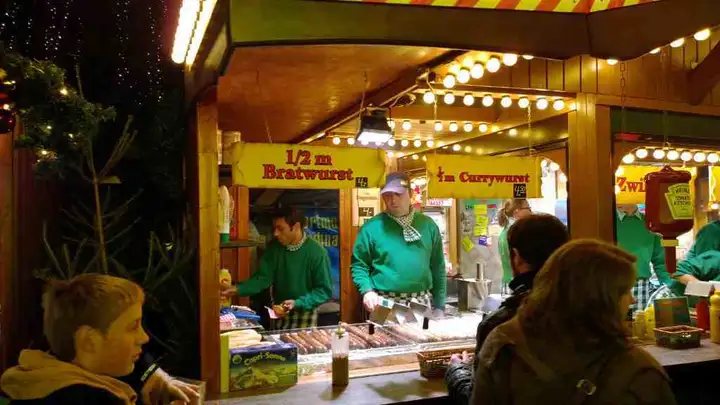 Christmas Market in Dortmund: massive German Bratwurst for sale