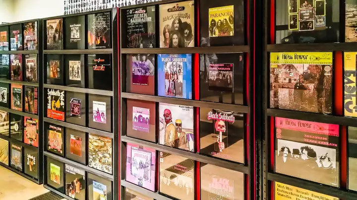 Album art at Black Sabbath Exhibition in Birmingham