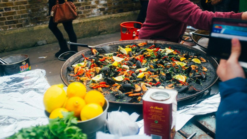 Typical Spanish dish: Paella, made in a big pan