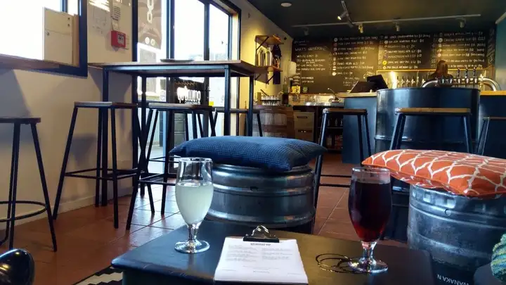Overview of the Ground Up taproom with the bar & taps in the background