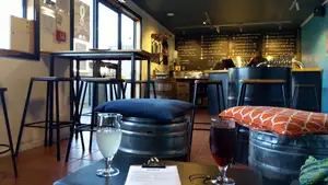Overview of the Ground Up taproom Wanaka - bar & taps + beer menu in the background