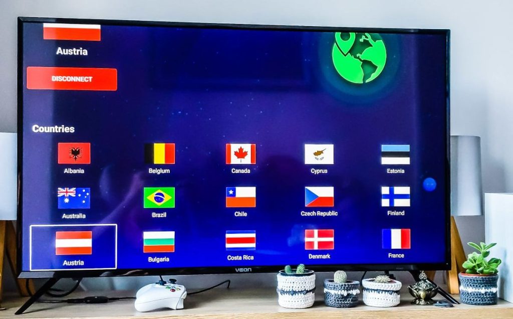 VPN installed on SmartTV. Menu to select country to connect to is showing