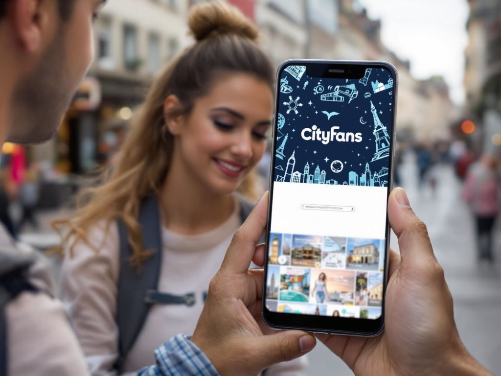 Travellers using smartphone to explore a city via the CityFans app