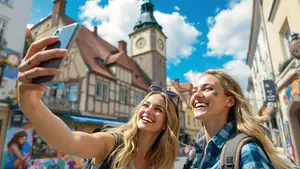 Two backpackers exploring a European city. Taking a selfie in a typical old-town street in Europe