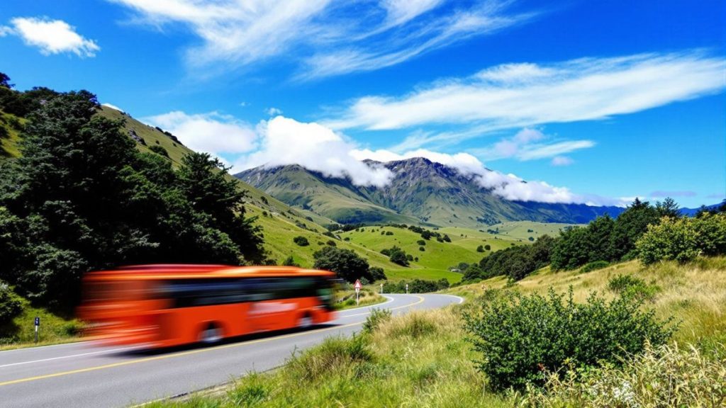 Orange bus rushing by - focus on NZ landscape, bus rushes by in a flash