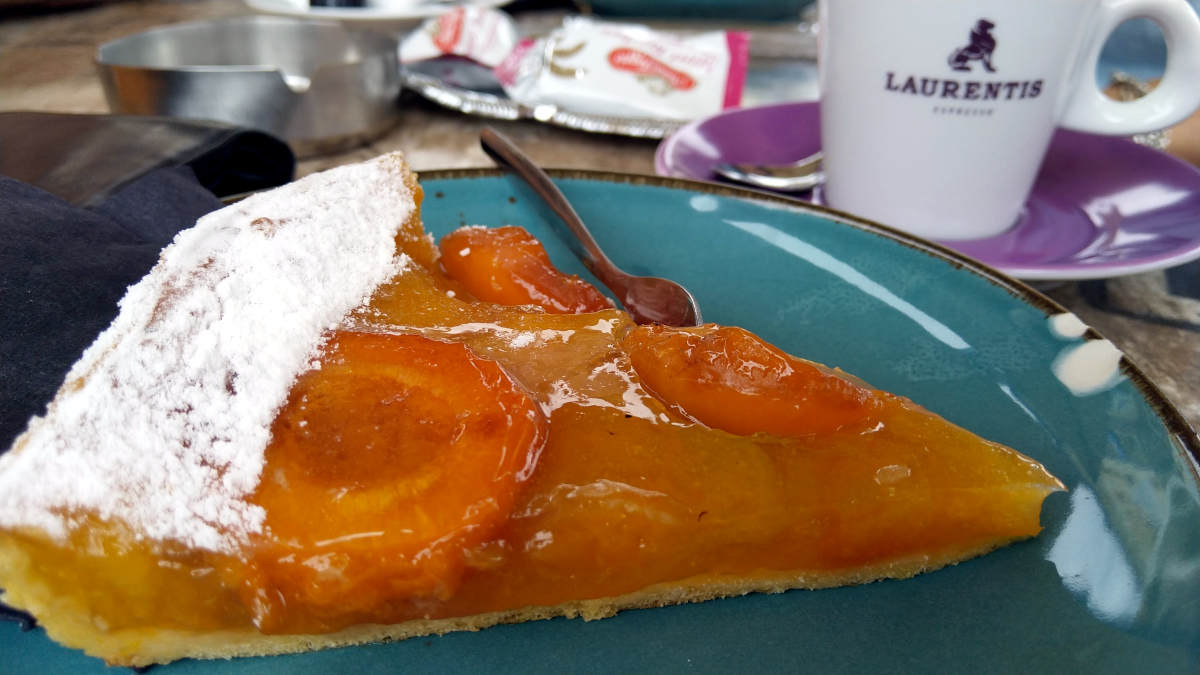 Close up of a piece of "vlaai" (fruit pie): dough covered with apricot puree and apricot halves with a coating of powdered sugar on the edge of the dough