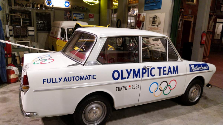 White DAF car celebrating the 1964 Olympics (Tokyo)