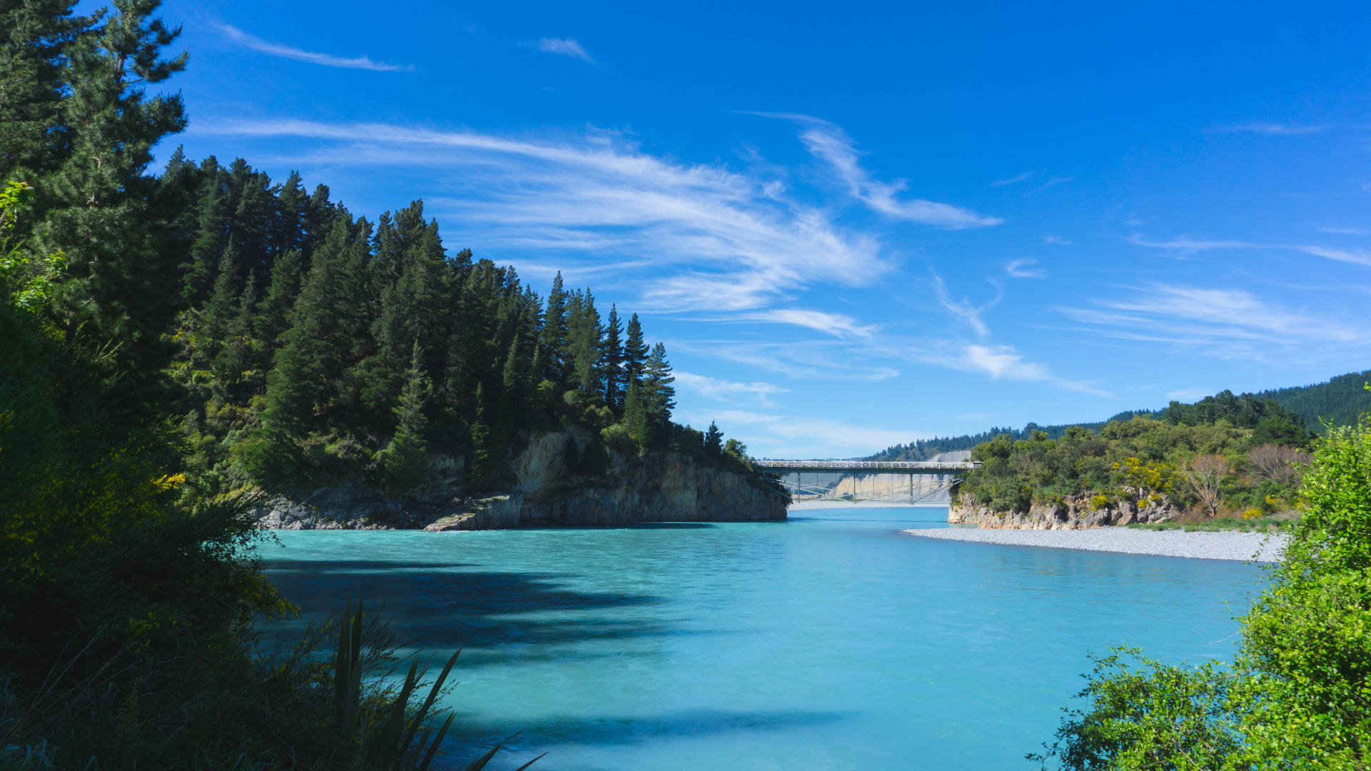 Scenic view: blue water, forest on both sides an bridge in distance - NZ: Rakaia Gorge