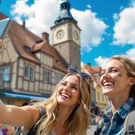 Two backpackers exploring a European city. Taking a selfie in a typical old-town street in Europe